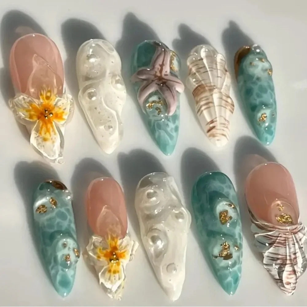 Elegant Ocean Press On Nail Art Set Blue & Cream 10 pc Long Length Reusable NWT